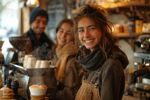 Friendly baristas in a cozy coffee shop. Casual lifestyle portrait series. Coffee culture and small business concept. Design for poster, banner, advertisement and editorial use.