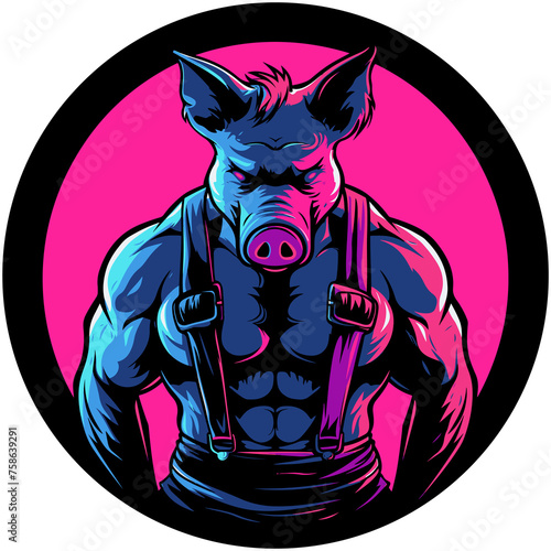 Club pumped male pig in leather suspenders. Circular graphic symbol no background, transparent background, png