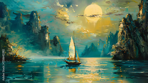 Art painting oil color sailboat Auspiciousness 