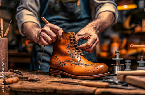 Artisan Shoemaker Handcrafting a Leather Boot in a Workshop 
