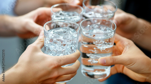 Hands holding glass of cool cheering, Group of people drinking water indoors, closeup
