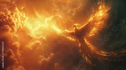 A majestic phoenix soaring through a radiant, fiery sky with sunbeams piercing the clouds, symbolizing rebirth and power.
