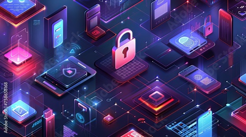 Cybersecurity and Privacy: Visual representations of cybersecurity concepts, encryption, digital security measures, and privacy protection, often featuring padlocks, shields.