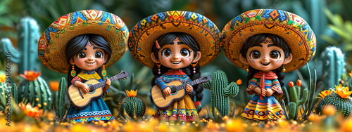 Happy Cinco de Mayo. Colorful holiday banner with Mexican band, sombrero, flowers and cacti