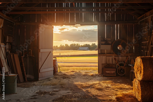 the inside of a barn with door open looking into the fields at golden hour, hay bales, instruments and tools