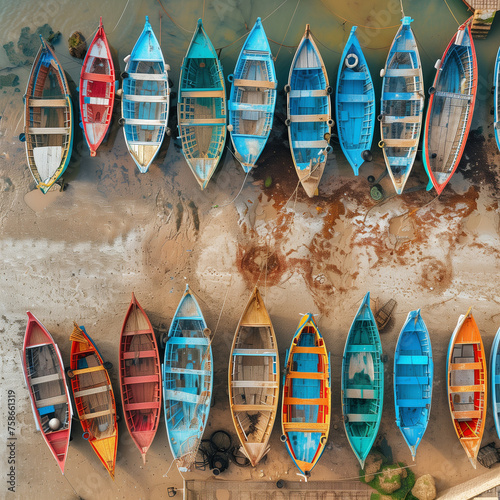 Top down view od wooden moroccan boats at the ocean shore in Essaouira, Morocco