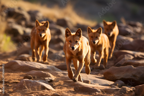 A Pack of Dholes (Asiatic Wild Dogs) Roaming Freely in Their Natural Wilderness Habitat - An Exemplary Depiction of Asian Wildlife