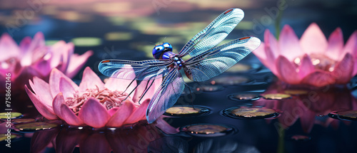 A blue dragonfly sitting on top of a pond 