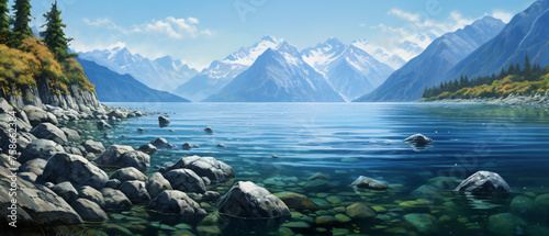 A body of water surrounded by rocks and a mountain 