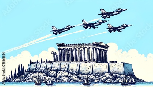 Illustration in a sketchy style for greek independence day with fighter jets flying in formation.