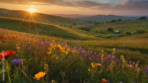 Beautiful sunset in the mountains. Landscape with meadow and flowers