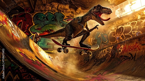 A velociraptor skateboarder showing off skills amidst alien graffiti set in an urban halfpipe as dusk sets in.