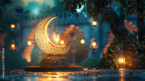 Elegant Ramadan lantern with a crescent moon on a podium illuminating a magical evening scene