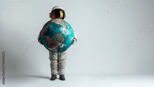 Astronaut mit Anzug und Helm mit Erdkugel in der Hand, ai generativ