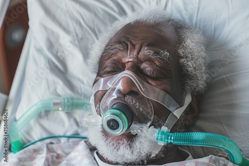 Elderly male patient in hospital bed with oxygen mask, receiving critical medical care - AI generated