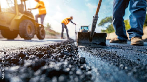 Road construction crew paving fresh asphalt with heavy machinery under bright sunny conditions - AI generated