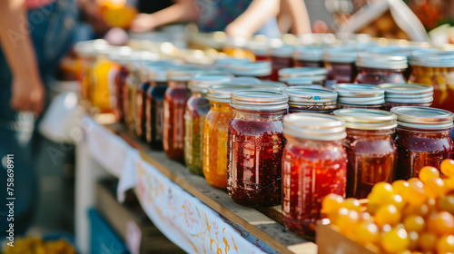 Market stall display featuring colorful preserves and fresh fruits in jars on a sunny day