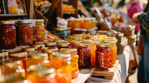 A vibrant marketplace setting with numerous jars of homemade jam on display under natural light