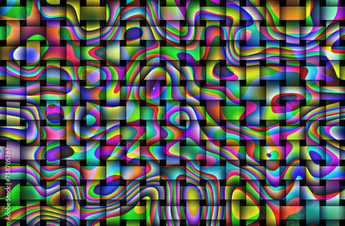 Kolorowa tkana tekstura. Splecenie, krata z wielokolorowym wzorem na czarnym tle . Abstrakcyjne geometryczne tło