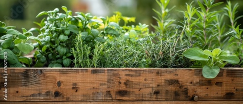 Close up of fresh medicinal herbs, in wooden raised bed in garden