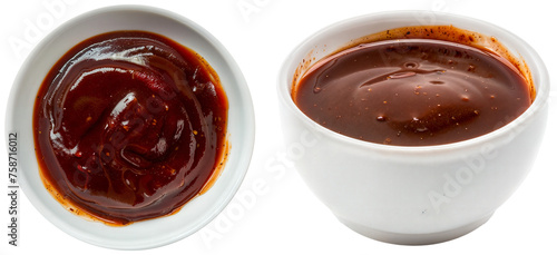 white bowl with barbecue sauce with tomatoes, vinegar, molasses, brown sugar, Worcestershire sauce, and spices, isolated on a transparent background