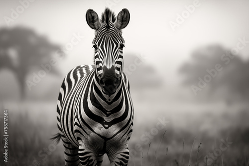 portrait zebra in the savanna, black and white photography