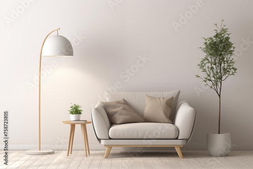 Salon avec un canapé gris clair beige dans un style scandinave. Pièce claire et lumineuse avec une grande plante et une lampe sur pied. 