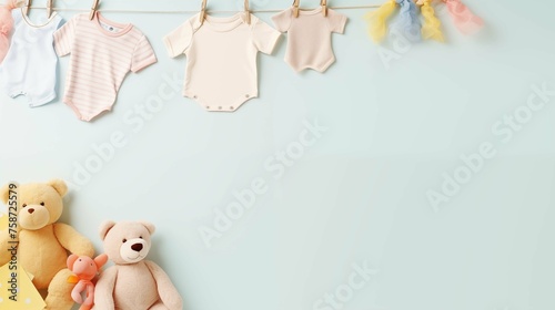 Pastel baby onesies and soft toys banner background copy space. Preparation for joyful arrival image backdrop empty. Parenting blog. Babyhood concept composition top view, copyspace