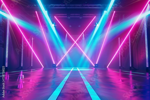 A big stage with neon lights and light beams on the backdrop wall background