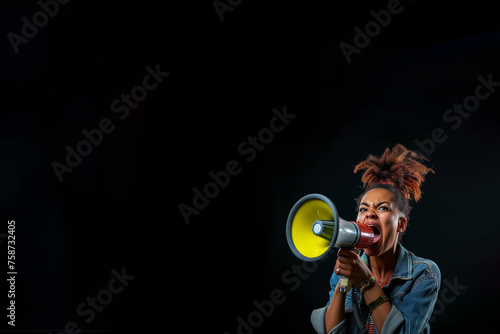 femme à la peau noire, type afro, antillaise, ou des caraïbes, avec un mégaphone, porte-voix, haut-parleur pour manifester sa colère, qui crie. Fond noir avec espace négatif pour texte copyspace