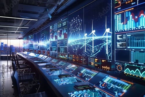 An AI control room with screens displaying data analytics and energy grids