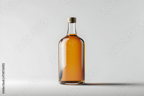 White glass bottle with cognac or whiskey on a white background. Mock up for advertising, branding, product presentation with space for text