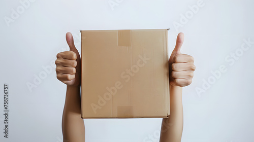 person handing thumbs up over packing box, on a white background,