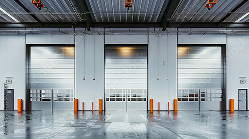 Industrial Warehouse Door, Steel Roller Shutter Entrance, Modern Factory or Storage Facility, Secure Commercial Property