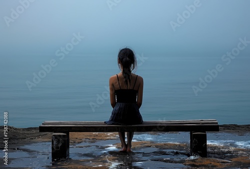 A depressed dishevelled little girl sitting on an empty bench overlooking the ocean, back view. The sea is calm and blue with no waves in sight. 