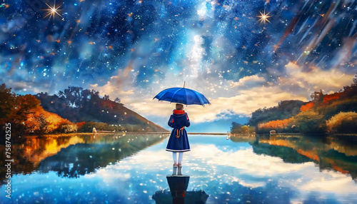 빛나는 별빛 아래서 소녀가 우산을 들고 서있고, 빛나는 밤하늘이 표면에 반사되고 있습니다.
