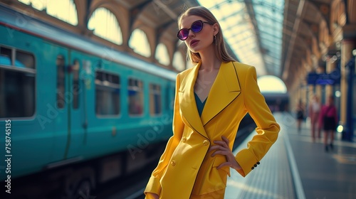 Kobieta w żółtym garniturze pozuje przed pociągiem na peronie, w tle widoczne tory kolejowe i infrastruktura kolejowa.