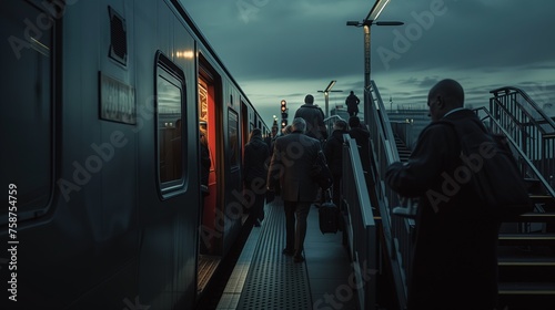 Grupa ludzi wsiada do pociągu w nocy