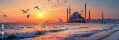 A beautiful mosque by the sea, with waves gently lapping at the shore and seagulls circling above at sunset 