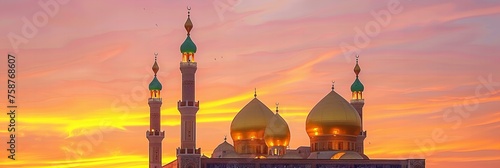 A mosque with gleaming golden domes at dawn, the sky painted in soft hues of pink and orange behind it