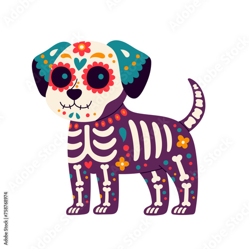 Day of the Dead, Dia de los muertos, dog skull and skeleton decorated with colorful Mexican elements and flowers. 