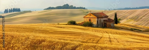 A rustic church in the countryside, with fields of golden wheat stretching out to the horizon