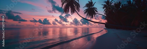 A tranquil Maldivian beach at dawn, with palm trees silhouetted against the pastel-colored sky