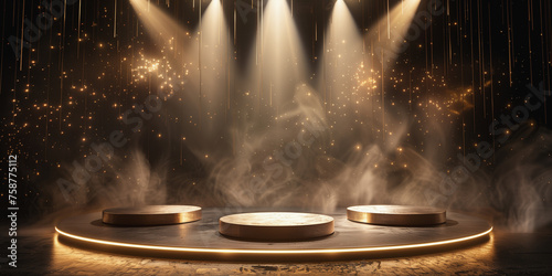 A 3D-rendered stage with three circular podiums bathed in warm, glowing lights