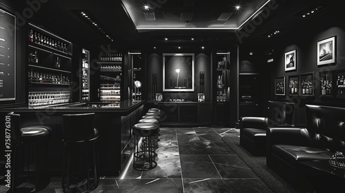 Elegant black interior of a modern bar with white highlights