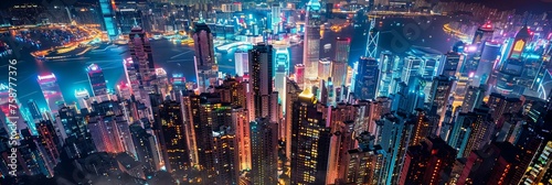 A panoramic view of a city's skyscrapers at night, illuminated by thousands of lights, reflecting the vibrant life below