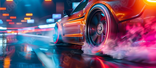 Racing sports car on neon highway. Powerful acceleration of a supercar on a night track with colorful lights and tracks. Blur at high speed.