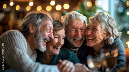 A group of elderly individuals gather together, holding up a mobile phone to take a self-portrait photograph of themselves.