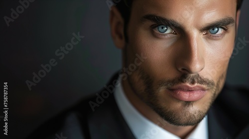 An attractive man with blue eyes dark hair wearing a suit 