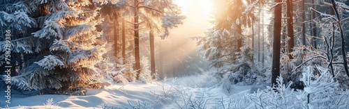 The bright sun shines through the dense forest, casting long shadows on the snow-covered ground. The trees stand tall, their branches laden with snow, as the sunlight creates a mesmerizing play of lig
